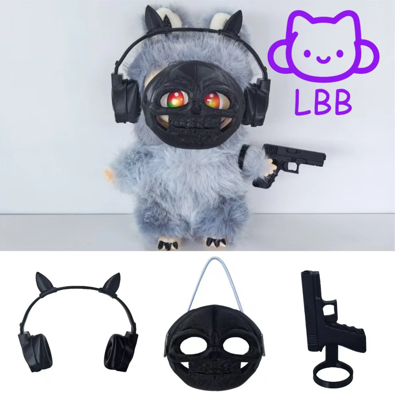 Labubu Halloween Accessory Kit 🎃 | Máscara + Auriculares + Pistola | Accesorios DIY para Labubu V1/V2