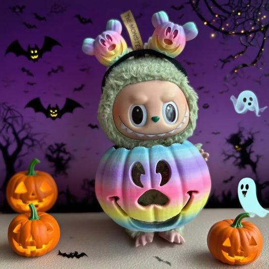 🎃 15cm Labubu Halloween Pumpkin Outfit | Traje Calabaza con Colores Degradados + Diadema Tallada a Mano | Cosplay para Muñecos Labubu