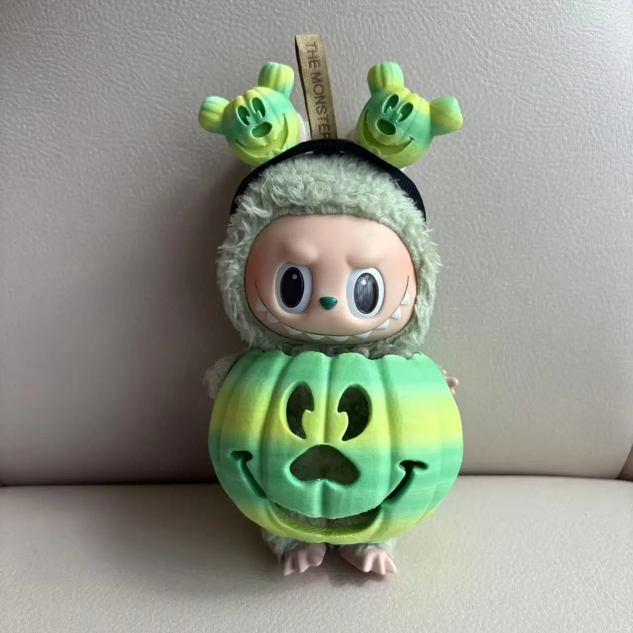 🎃 15cm Labubu Halloween Pumpkin Outfit | Traje Calabaza con Colores Degradados + Diadema Tallada a Mano | Cosplay para Muñecos Labubu