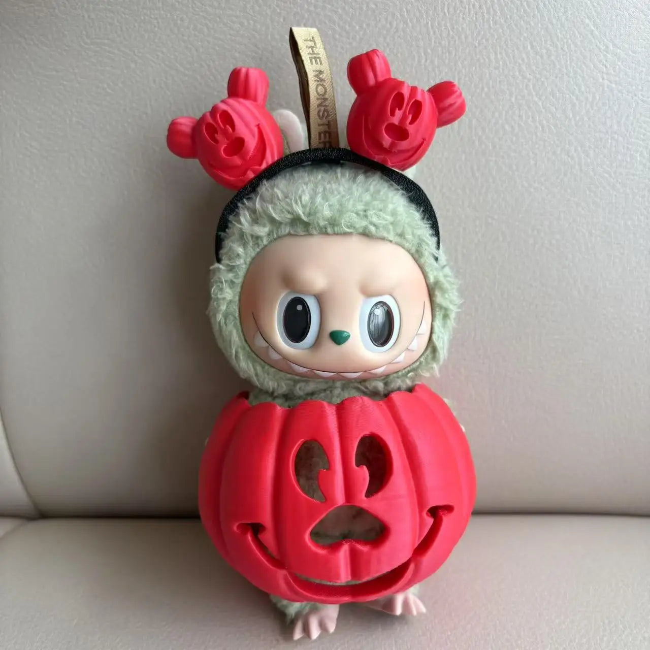 🎃 15cm Labubu Halloween Pumpkin Outfit | Traje Calabaza con Colores Degradados + Diadema Tallada a Mano | Cosplay para Muñecos Labubu