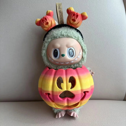 🎃 15cm Labubu Halloween Pumpkin Outfit | Traje Calabaza con Colores Degradados + Diadema Tallada a Mano | Cosplay para Muñecos Labubu