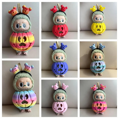🎃 15cm Labubu Halloween Pumpkin Outfit | Traje Calabaza con Colores Degradados + Diadema Tallada a Mano | Cosplay para Muñecos Labubu