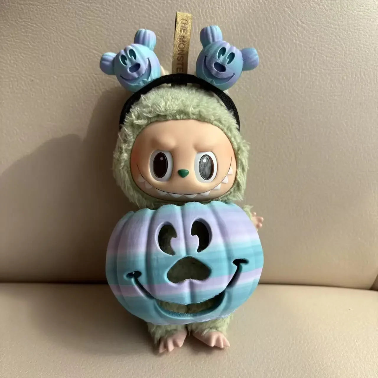 🎃 15cm Labubu Halloween Pumpkin Outfit | Traje Calabaza con Colores Degradados + Diadema Tallada a Mano | Cosplay para Muñecos Labubu