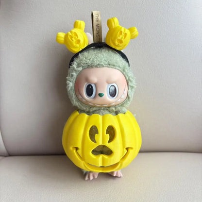 🎃 15cm Labubu Halloween Pumpkin Outfit | Traje Calabaza con Colores Degradados + Diadema Tallada a Mano | Cosplay para Muñecos Labubu