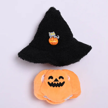Disfraz de Halloween para Labubu (17 cm) – Calabaza con Sombrero Negro | Compatible Pop Mart V1/V2/V3